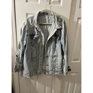 shein‎ denim jacket destroyed longer Size Large light wash women Jean